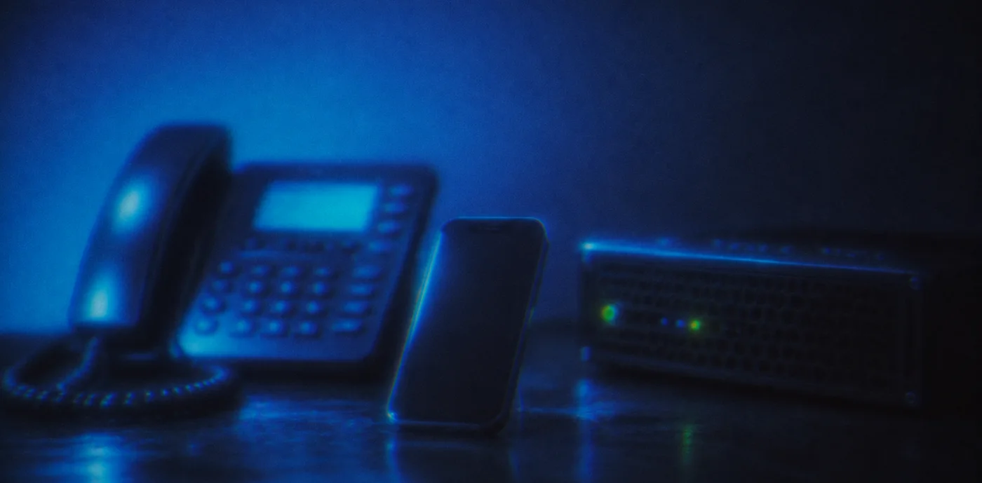 A desk phone, a smartphone, and a rack switch on a dark desk, lit blue