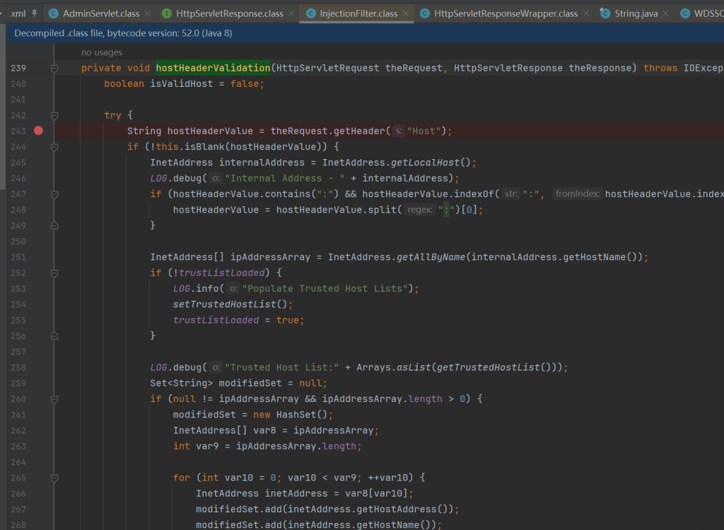 Decompiled Java method hostHeaderValidation from Cisco Unified CM’s InjectionFilter class, reading the Host header and comparing it against a populated trusted-host list