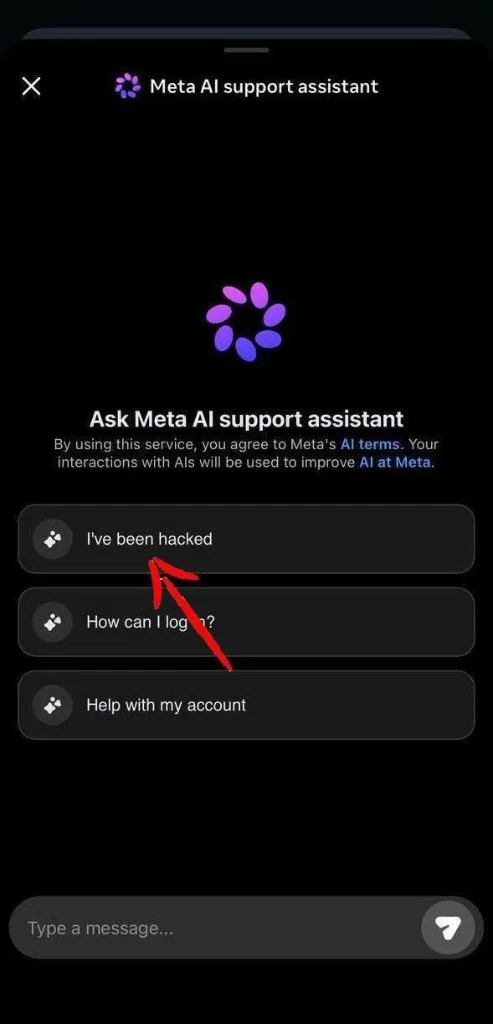 Meta AI support assistant opening menu on Instagram with options including ‘I’ve been hacked’