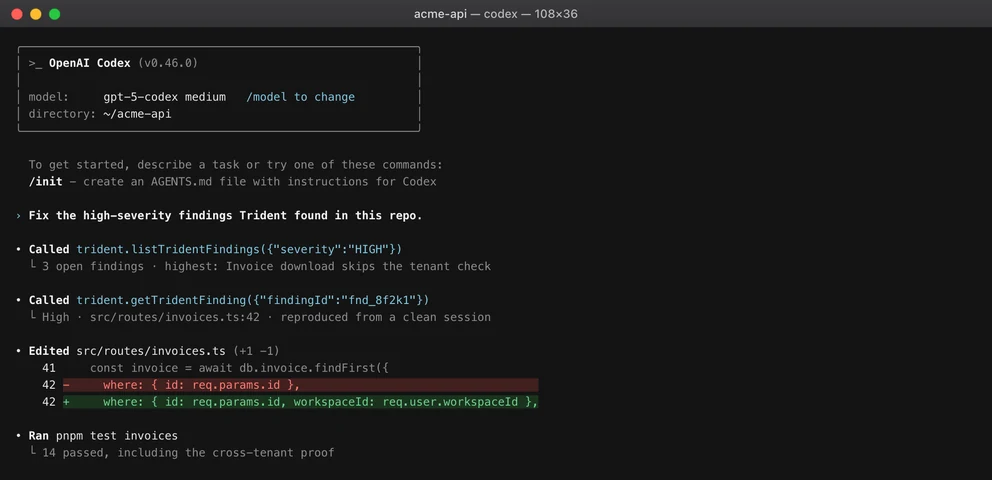 Codex running Trident's MCP tools on acme-api