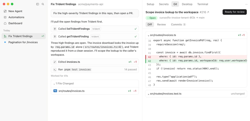 Cursor running Trident's MCP tools on acme-api