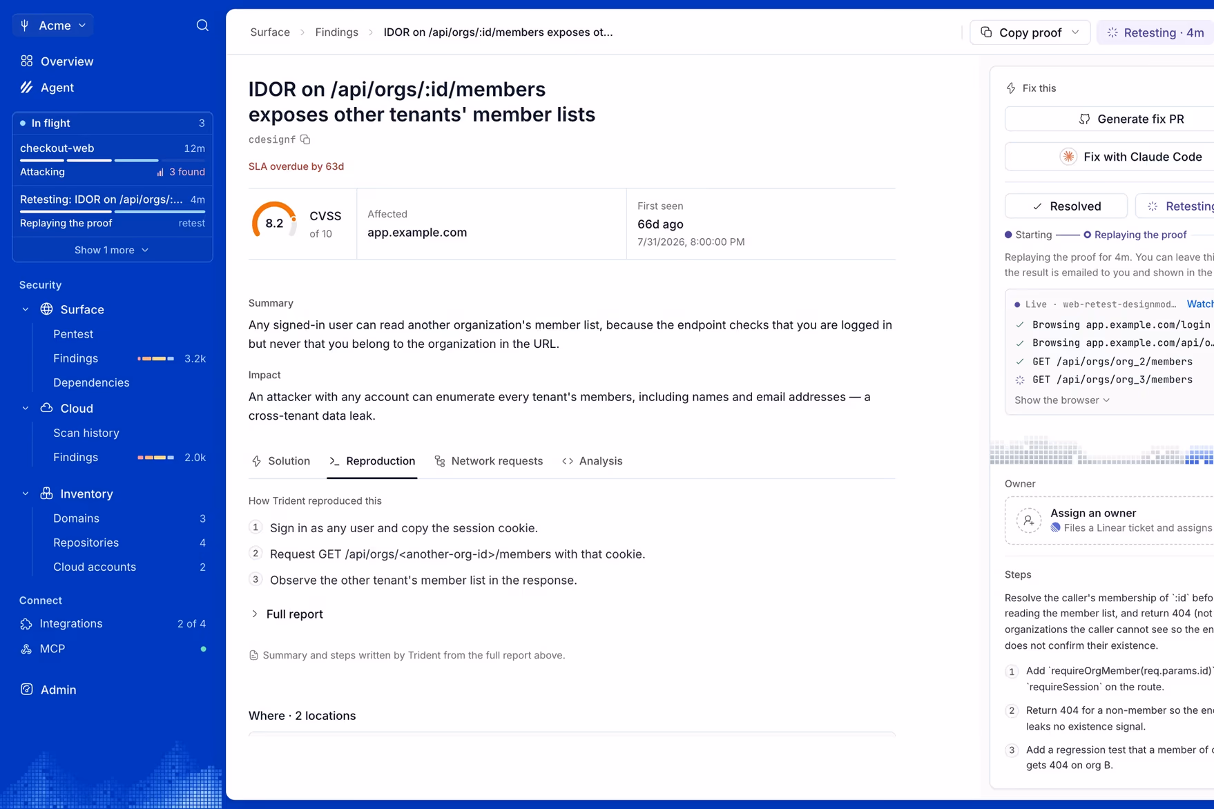 A finding in Trident: IDOR on /api/orgs/:id/members exposes other tenants' member lists. CVSS 8.2 on app.example.com, with the summary, the impact, how Trident reproduced it in three steps, and a retest in progress.